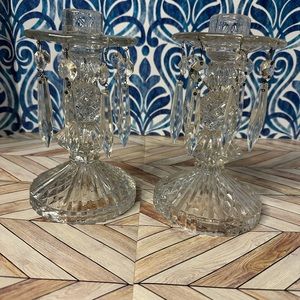Pair of Clear Glass Taper Candle Holders with Prisms